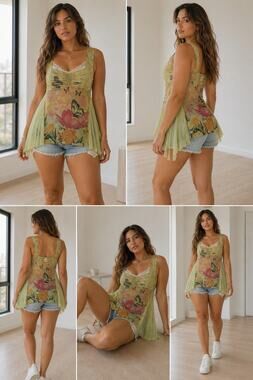 Y2K Fairycore Butterfly Mesh Tunic Top Green Floral Lotus Fringe M/L